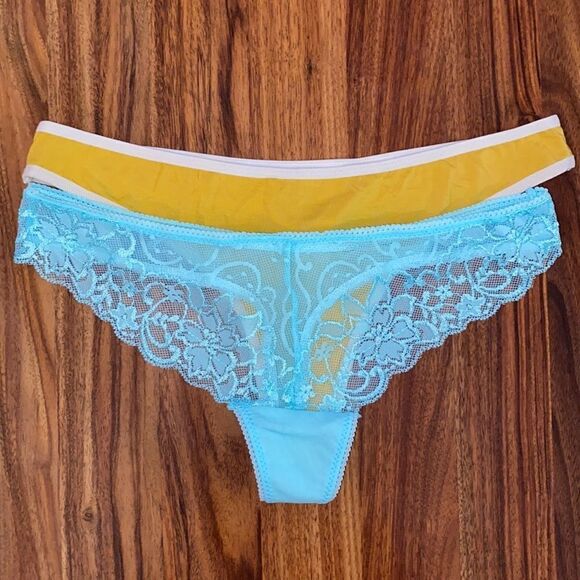 Thongs NWOT Lace Soft Material Yellow Blue Lingerie - Picture 1 of 6